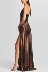 Goddess Temperament Metallic Pleated Fabric Off Shoulder Slit Maxi Dress