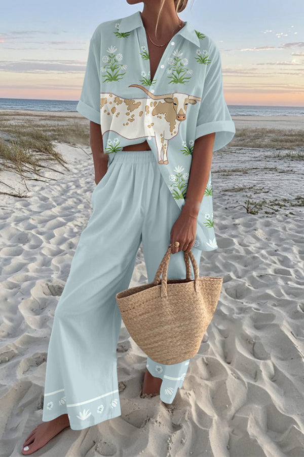 Cow Print Oversized Shirt and Elastic Waist Pocket Pants Set