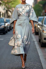 Unique Print Batwing Sleeve Waisted Casual Midi Dress