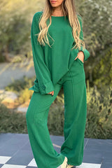 Solid Color Long-sleeved Crew Neck Top and Elastic Waist Pocket Casual Pants Set