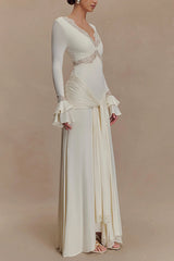 Fashion Lace Splicing Sexy V-neck Long-sleeved Slim Maxi Dress