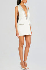 Elegant Demeanor Satin Gemstone Trim Deep V-Neck Tank H-line Mini Dress