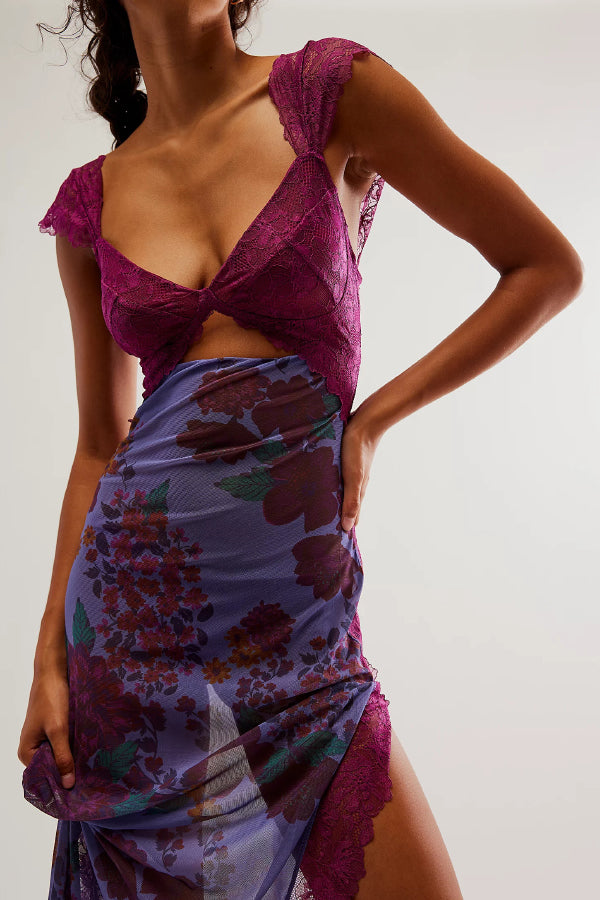 Floral Print Lace Patchwork Hollow-out Slim-fit Midi Dress