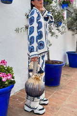 Unique Print Lapel Long Sleeve Shirt and Elastic Waist Wide Leg Pants Set