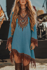 Unique Printed V-Neck Long Sleeve Fringe Loose Mini Dress