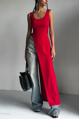 Solid Color Shoulder Strap Slim Fit Slit Maxi Top