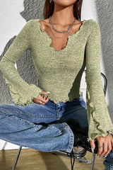 Solid Color V-neck Flared Long-sleeved Fitted Top