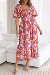 Holiday Square Neck Floral Print Puff Sleeve Madi Dress