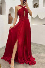 Stay Sophisticated Pleated Cross Neck Cutout Slit Evening Maxi Dress