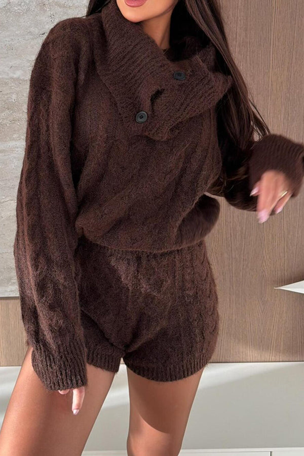 Diviano Cabble Knit Button Scarf Long Sleeve Sweater and Stretch Mini Shorts Set（3 Pieces）