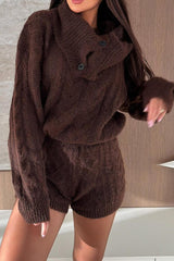 Diviano Cabble Knit Button Scarf Long Sleeve Sweater and Stretch Mini Shorts Set（3 Pieces）