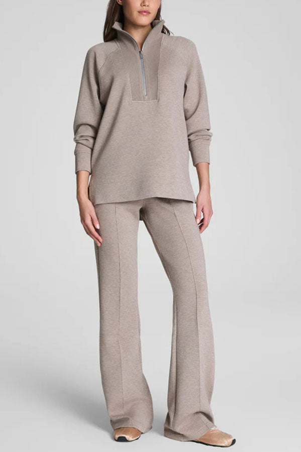 Alfia Ribbed Stand Zipper Neck Long Sleeve Sweatshirt and Button Elastic Waist Pocketed Loose Pants Set