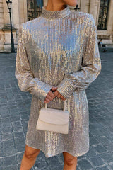 Fashionable Sequined Long-sleeved Belted Casual Mini Dress