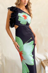 Floral Print One-shoulder Fitted Mesh Maxi Dress