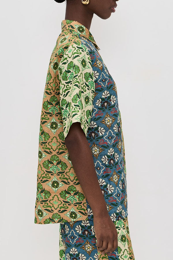 Colorblock Linen Blend Floral Print Short Sleeve Loose Blouse and Elastic Waist Pocket Wide Leg Pants Set