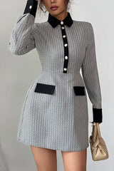 Fashion Button Long Sleeve Waist Elegant Mini Dress