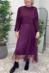 Fenna Ribbed Sequin Trim Batwing Sleeve Sweater and Pleated Tulle Stretch Tank Midi Dress Two-piece Set