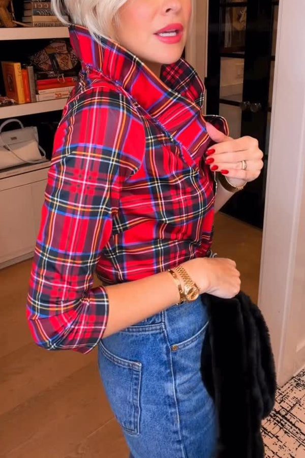 Duke of York Holiday Plaid Ruffle Stand Neck Half Sleeve Blouse