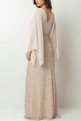 Aleina Chiffon Batwing Sleeve Flower Embroidered Waist Sequin Fabric Maxi Dress