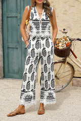 Bohemian Style Unique Print V-neck Sleeveless Top and Elastic Waist Casual Pocket Wide-leg Pants Set
