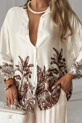 Botanical Print Loose Long-sleeved Shirt and Elastic Waist Pocket Casual Wide-leg Pants