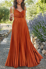 A Dreamy Escape Satin Adjustable Straps Pleated Maxi Dress