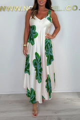 Satin Unique Print V-neck Suspender Midi Dress