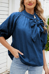 Fashion Loose Bow Lantern Sleeve Casual Denim Shirt