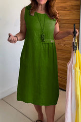 Linen Blend Solid Color Round Neck Sleeveless Loose Pocket Midi Dress