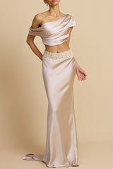 Anaya Satin Asymmetrical Off Shoulder Cropped Top and Lace Trim High Rise Maxi Skirt Set