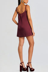 Taste Red Wine Satin Gemstone Trim Round Neck Slip H-line Mini Dress