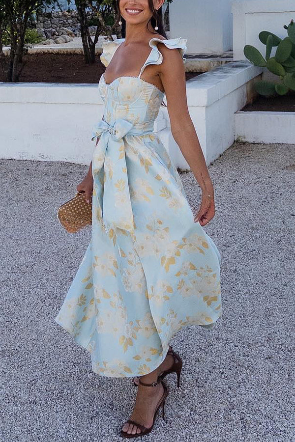 Baroque Floral Sweetest Ruffle Back Smocked Corset Midi Dress