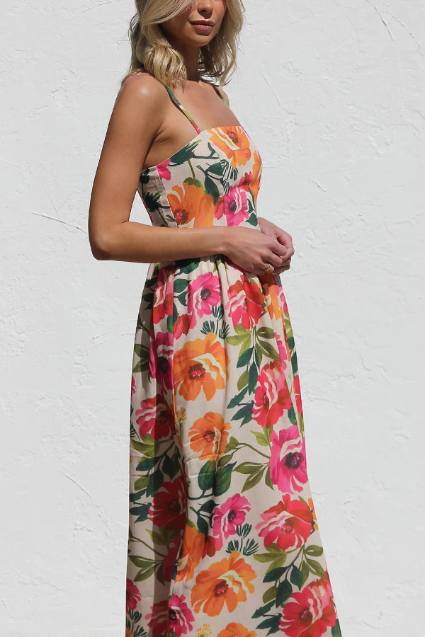 Floral Print Sleeveless Square Neck Casual Holiday Midi Dress