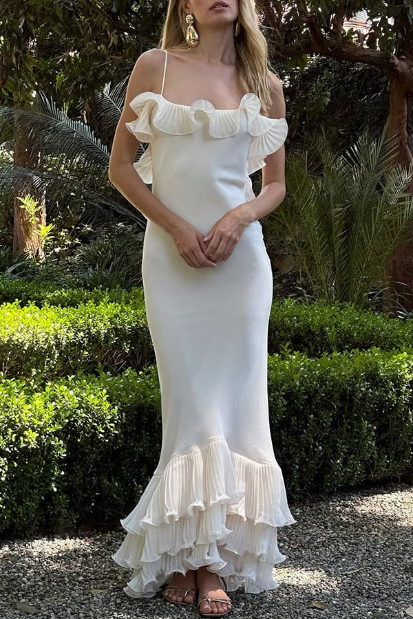 Alisin Pleated Chiffon Wavy Ruffles Trim Slip Maxi Dress