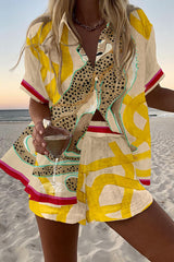 Leopard Print Loose Button Elastic Waist Shorts Set