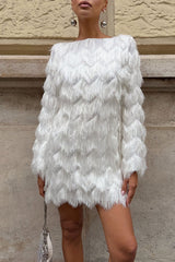 Swaying in The Wind Layered Tassels Wide Neck Long Sleeve H-line Mini Dress