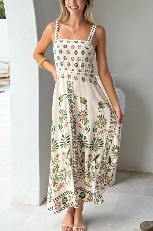 Floral Print Sleeveless Square Neck Casual Vacation Maxi Dress