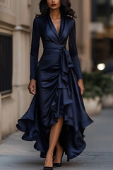 Solid Color Satin V-neck Long-sleeved Elegant Ruffled Maxi Dress
