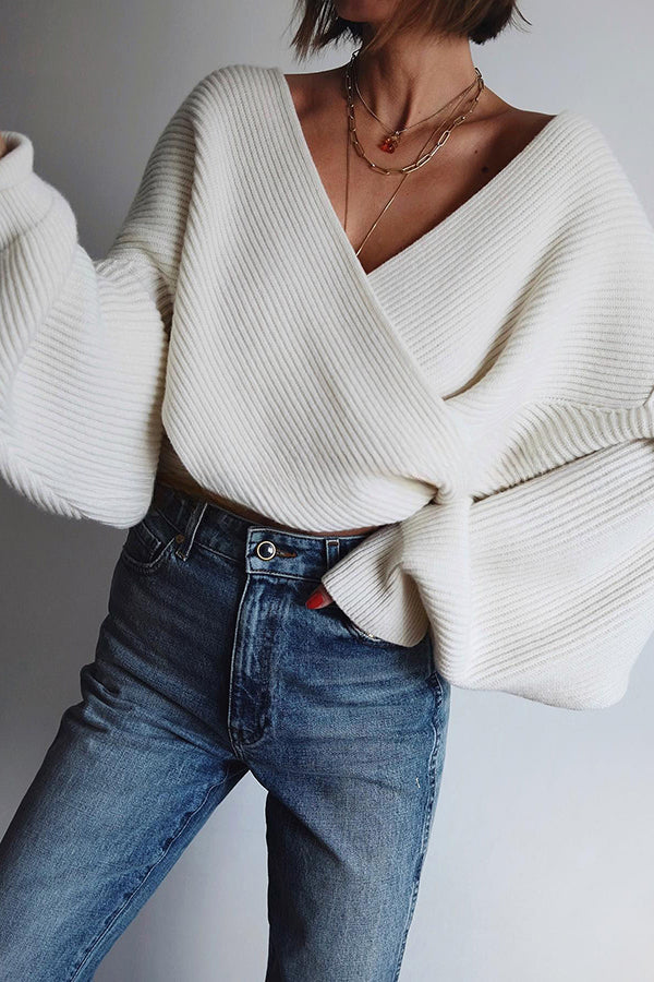 Vanilla Ice Cream Knit Ribbed Front Center Cross Loose Sweater