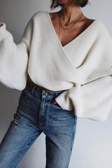 Vanilla Ice Cream Knit Ribbed Front Center Cross Loose Sweater