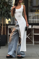 Solid Color Shoulder Strap Slim Fit Slit Maxi Top