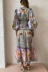 Playfully Chic Unique Print Balloon Sleeve Smocked Waist Shirt Midi Dress