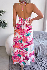 Plant Print Halter Neck Hollow Holiday Beach Midi Dress