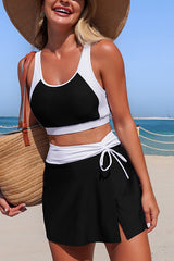 Stylish Color-blocked High-wsted Tie-up Stretch Two-piece Bikini Swimsuit