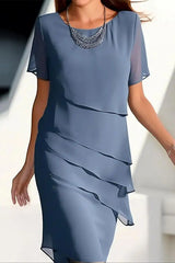 Solid Color Chiffon Round Neck Short Sleeve Slim Stitching Midi Dress