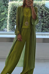 Solid Color Long Cardigan + Round Neck Casual Top and Elastic Waist Wide Leg Pants Three-piece Set