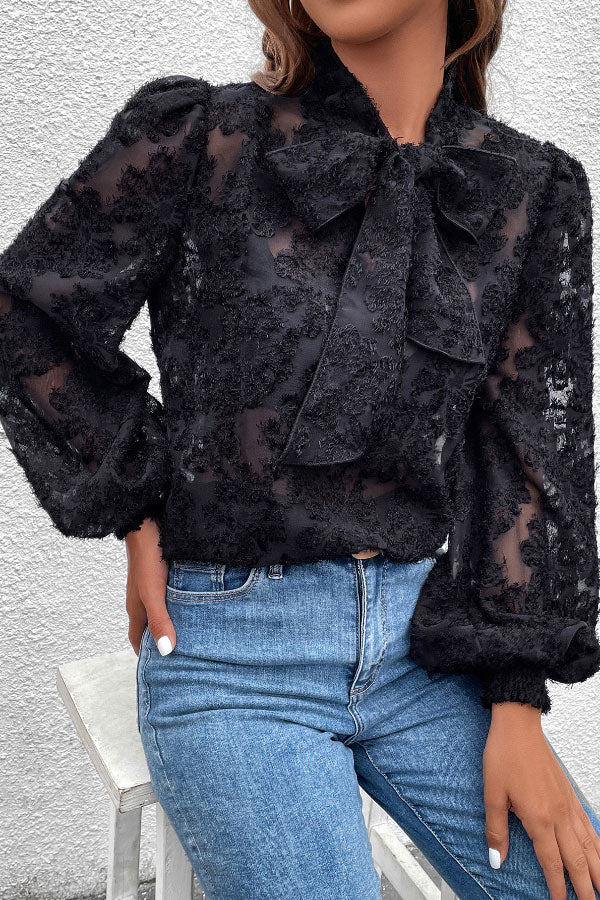 Se See-through Tie Balloon Sleeve Blouse