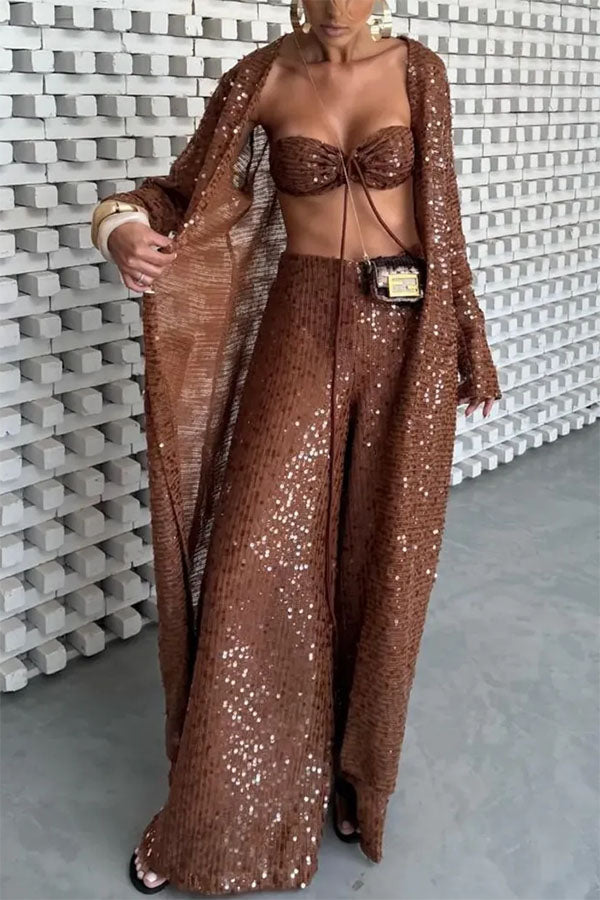 Seaside Whisper Sequin Tie-up Elastic Crop Tank and High Rise Zipper Loose Pants Set