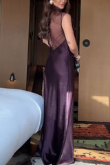 Remeah Mesh Satin Patchwork High Neck Back Cutout Button Maxi Dress