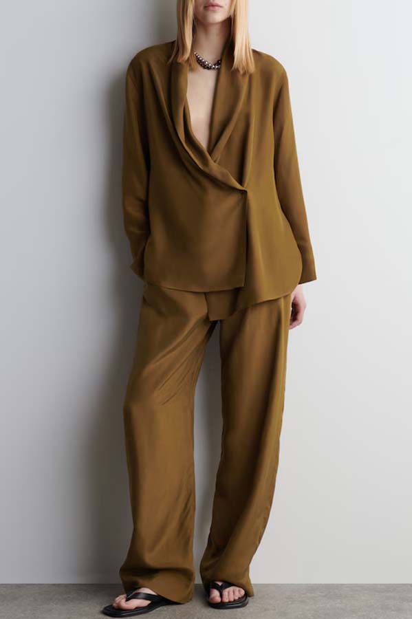 Bella Satin Drape Collar Single Button Casual Blazer and Elastic Waist Pocket Loose Pants Set